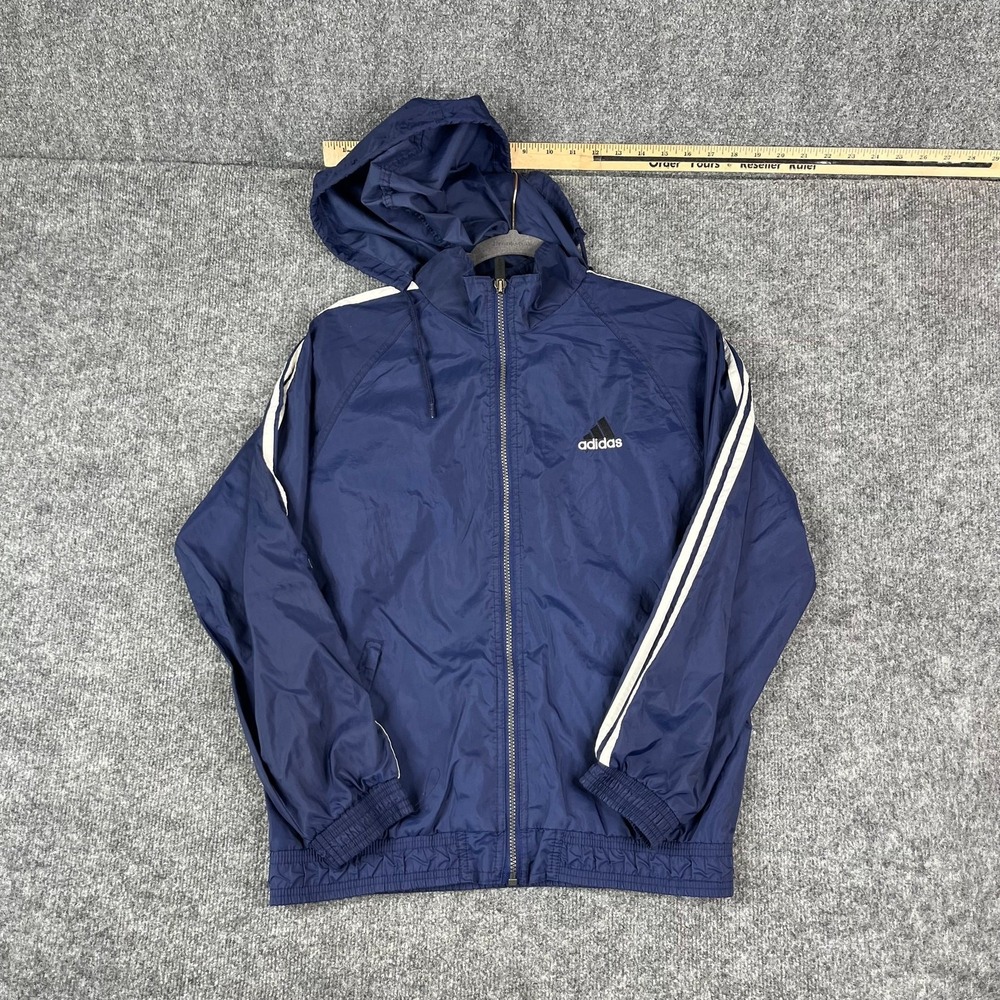 Adidas Jacket Boys Size Large Blue Full Zip Hooded Windbreaker Lightweight
